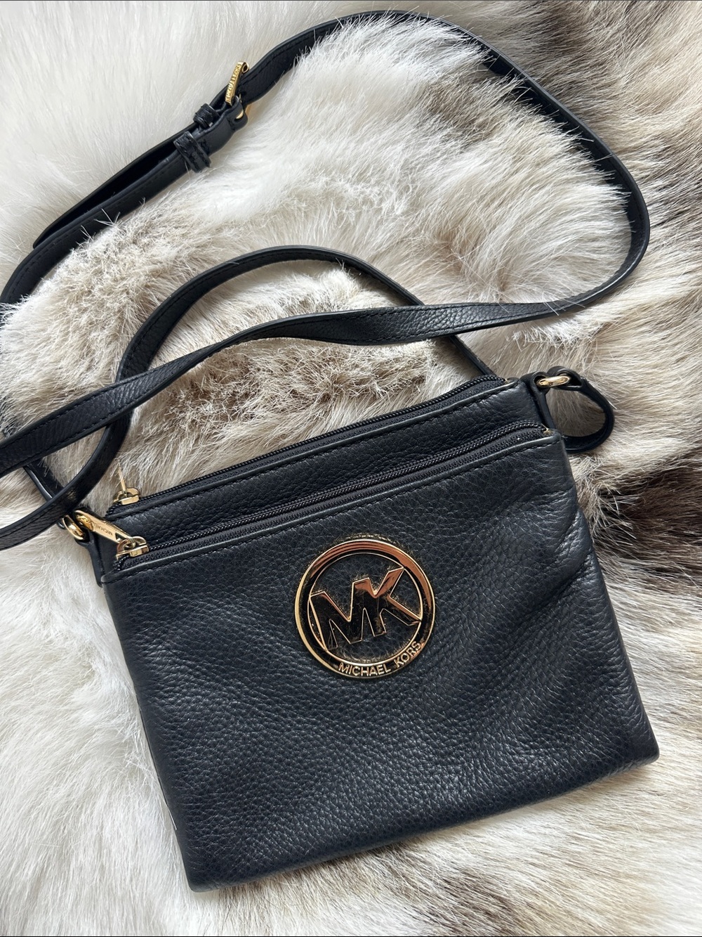 Michael Kors Black Leather Crossbody with Gold MK Emblem